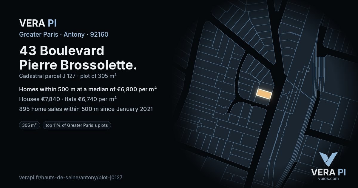 43 Boulevard Pierre Brossolette, Antony at night – the plot lit, the parcels around coloured by the prices near them