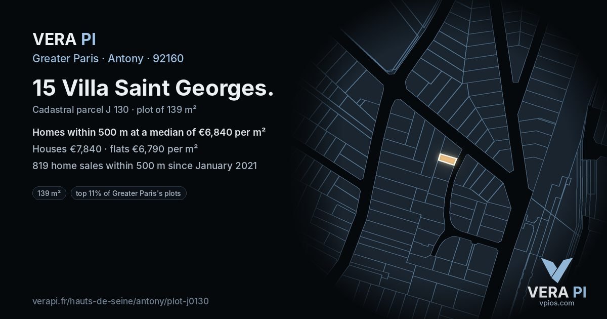 15 Villa Saint Georges, Antony at night – the plot lit, the parcels around coloured by the prices near them