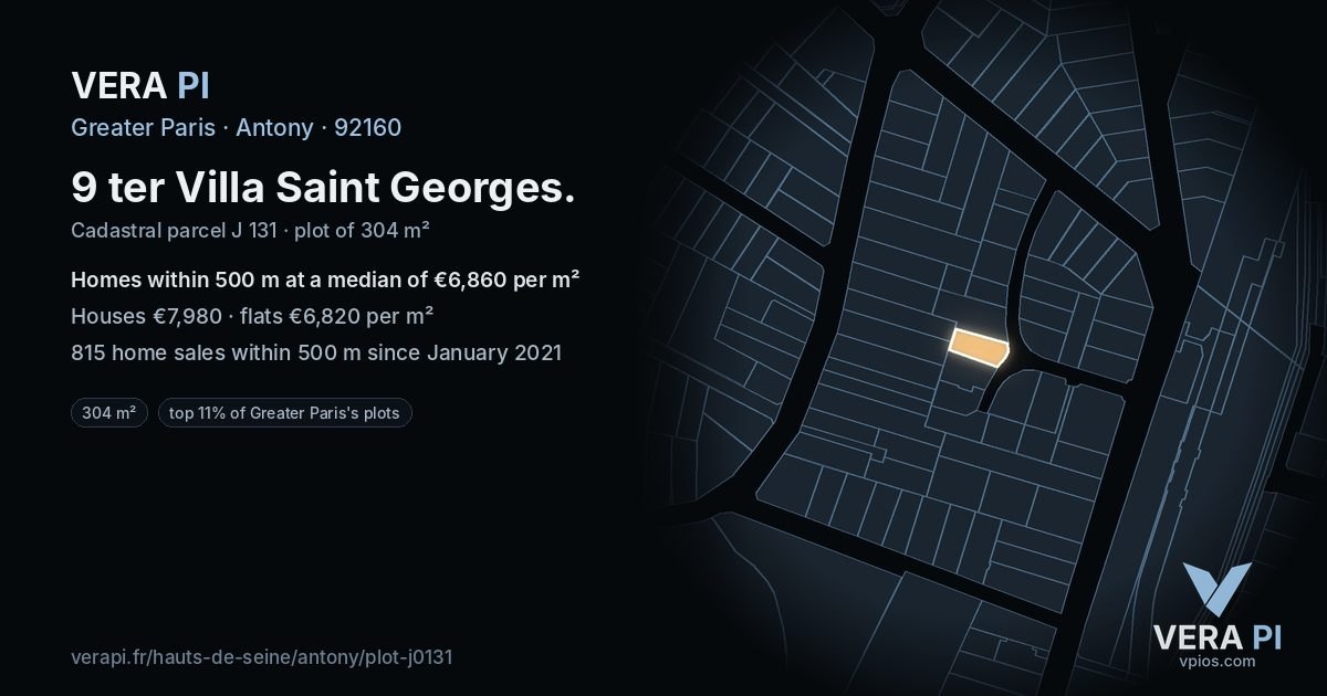 9 ter Villa Saint Georges, Antony at night – the plot lit, the parcels around coloured by the prices near them