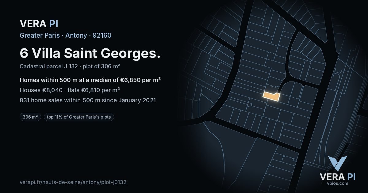 6 Villa Saint Georges, Antony at night – the plot lit, the parcels around coloured by the prices near them