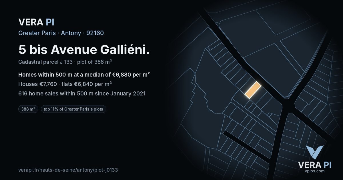 5 bis Avenue Galliéni, Antony at night – the plot lit, the parcels around coloured by the prices near them