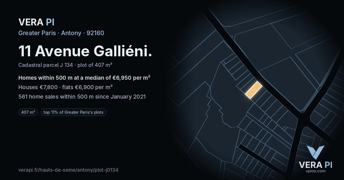 11 Avenue Galliéni, Antony at night – the plot lit, the parcels around coloured by the prices near them