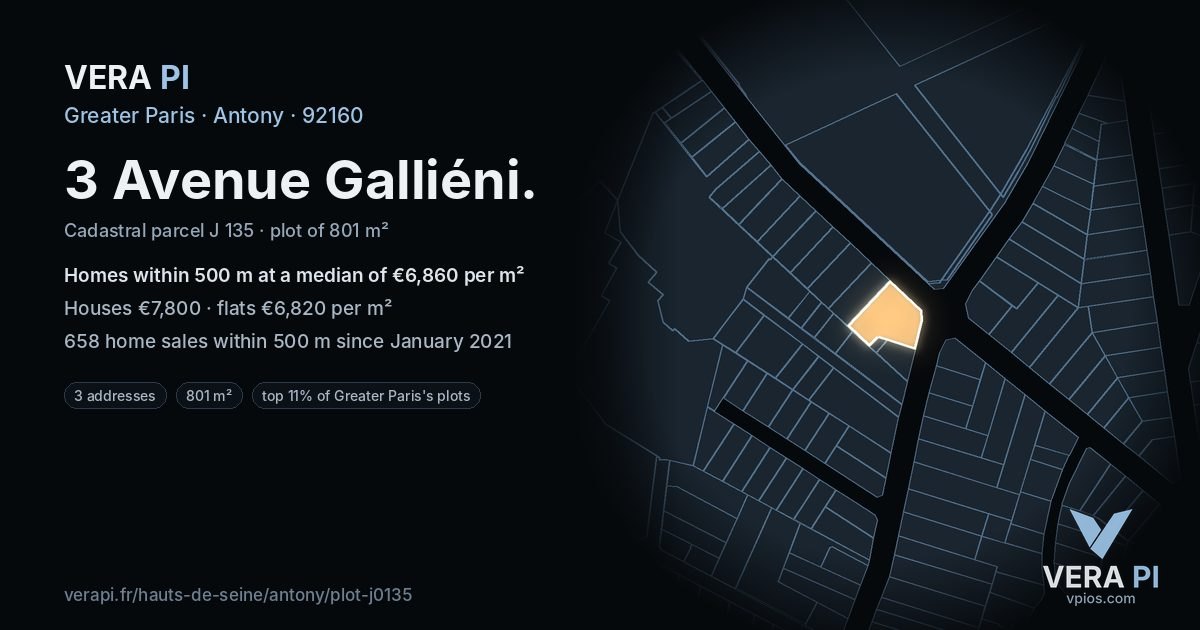3 Avenue Galliéni, Antony at night – the plot lit, the parcels around coloured by the prices near them