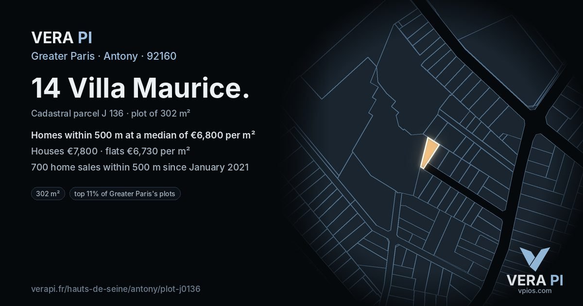 14 Villa Maurice, Antony at night – the plot lit, the parcels around coloured by the prices near them