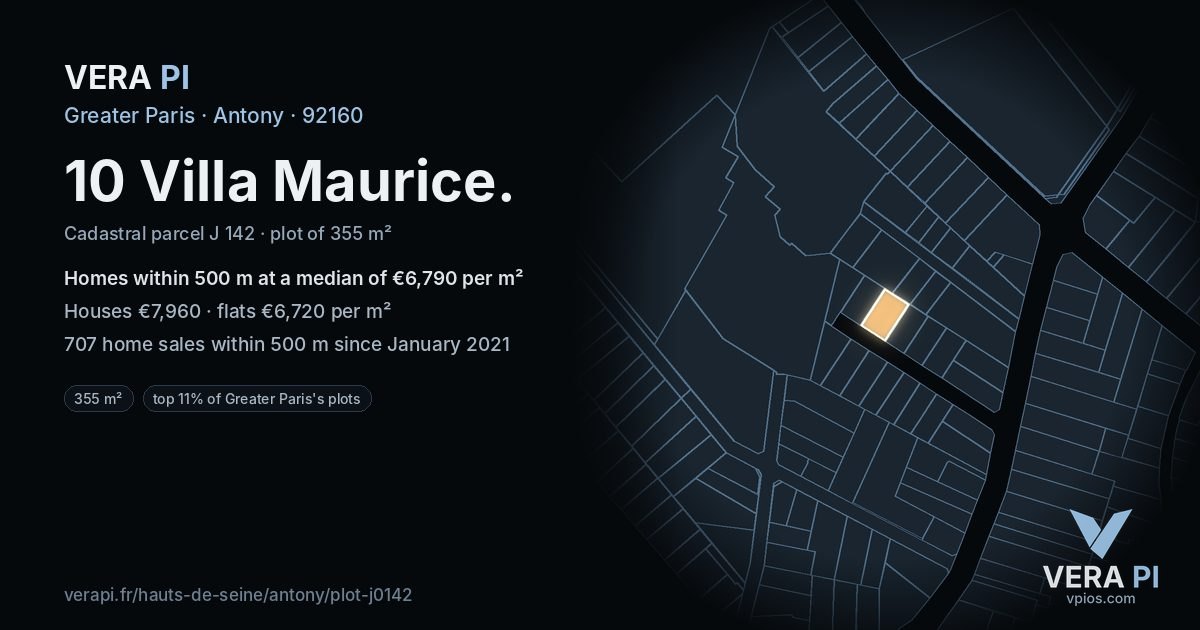 10 Villa Maurice, Antony at night – the plot lit, the parcels around coloured by the prices near them