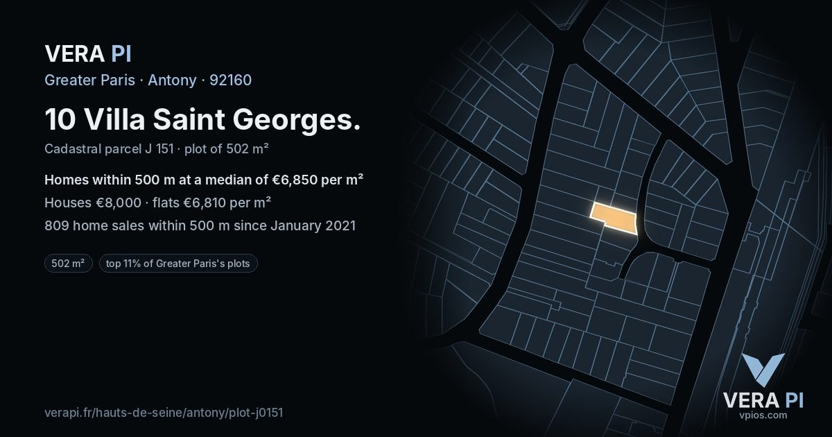 10 Villa Saint Georges, Antony at night – the plot lit, the parcels around coloured by the prices near them