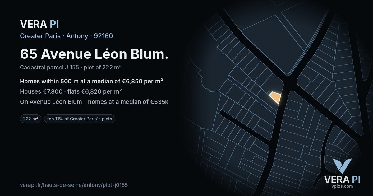 65 Avenue Léon Blum, Antony at night – the plot lit, the parcels around coloured by the prices near them