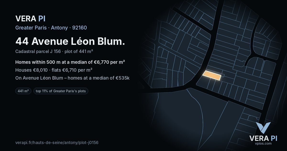 44 Avenue Léon Blum, Antony at night – the plot lit, the parcels around coloured by the prices near them
