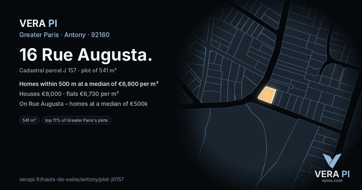 16 Rue Augusta, Antony at night – the plot lit, the parcels around coloured by the prices near them