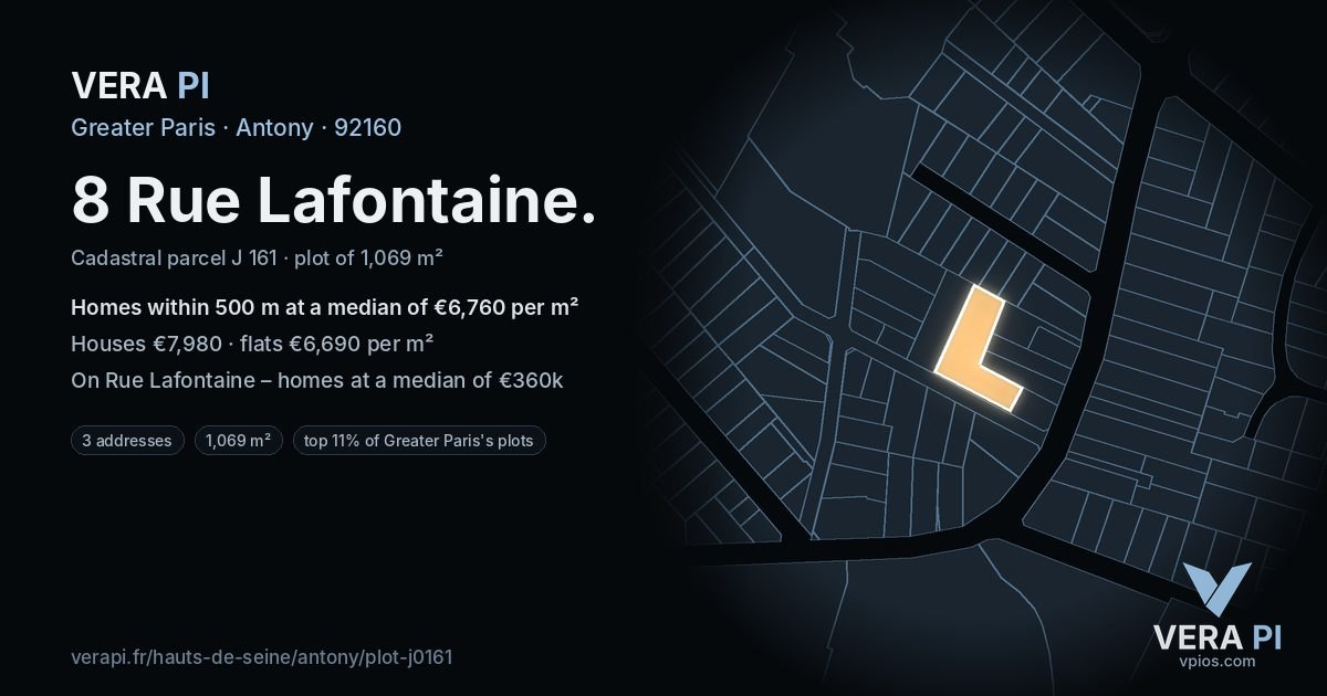 8 Rue Lafontaine, Antony at night – the plot lit, the parcels around coloured by the prices near them