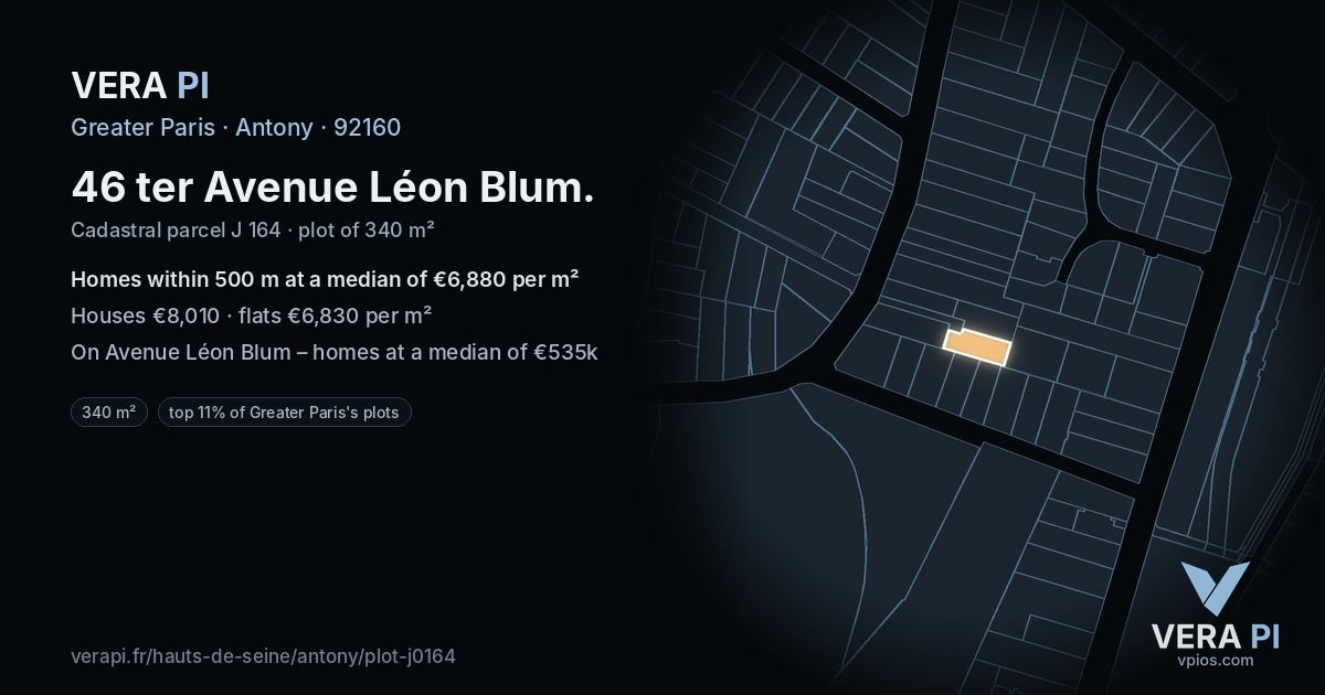 46 ter Avenue Léon Blum, Antony at night – the plot lit, the parcels around coloured by the prices near them