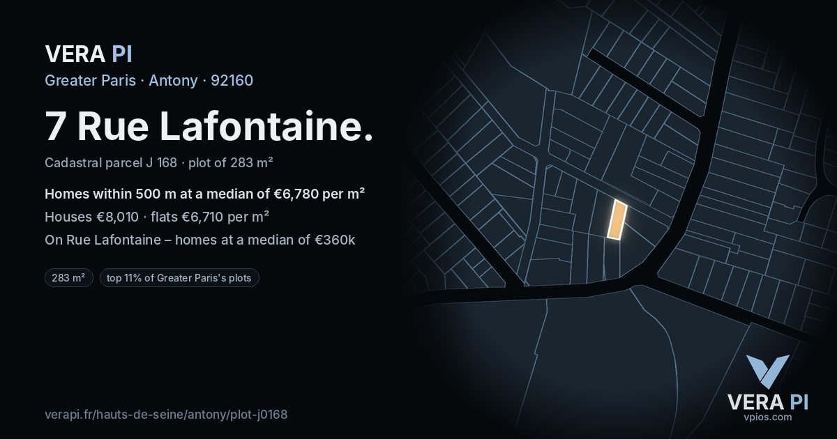 7 Rue Lafontaine, Antony at night – the plot lit, the parcels around coloured by the prices near them