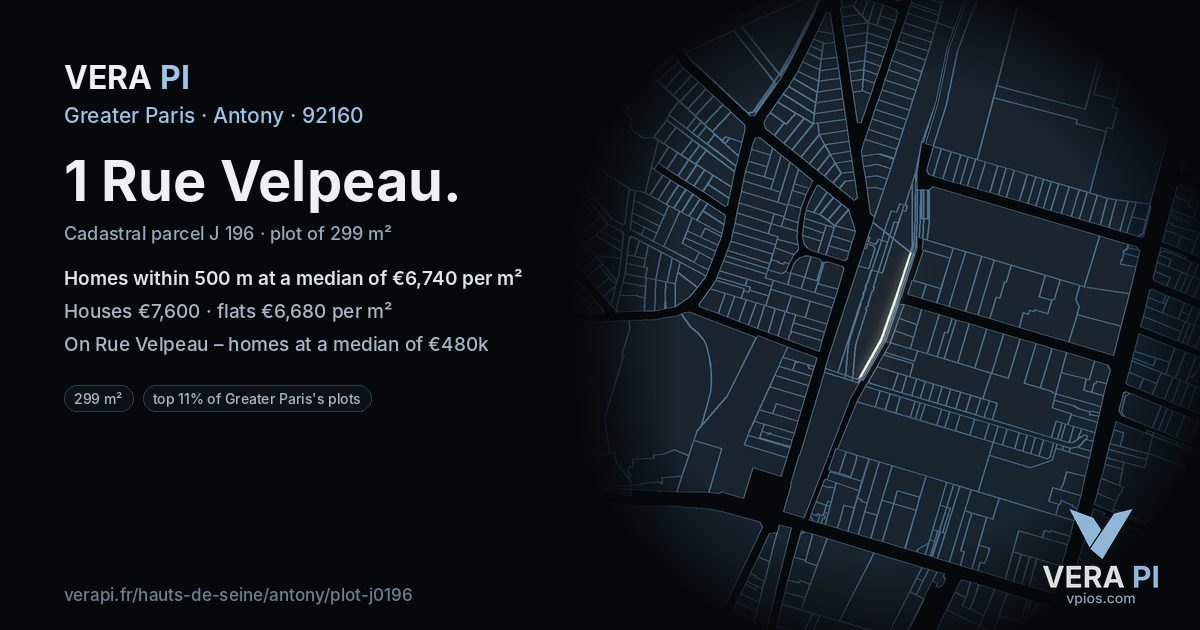 1 Rue Velpeau, Antony at night – the plot lit, the parcels around coloured by the prices near them