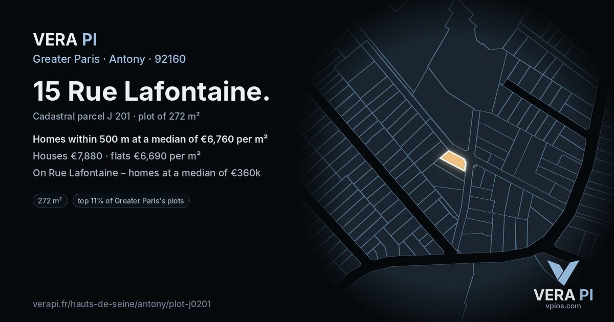 15 Rue Lafontaine, Antony at night – the plot lit, the parcels around coloured by the prices near them