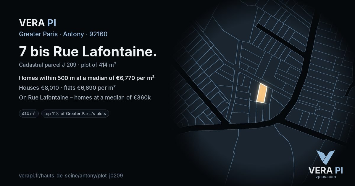 7 bis Rue Lafontaine, Antony at night – the plot lit, the parcels around coloured by the prices near them