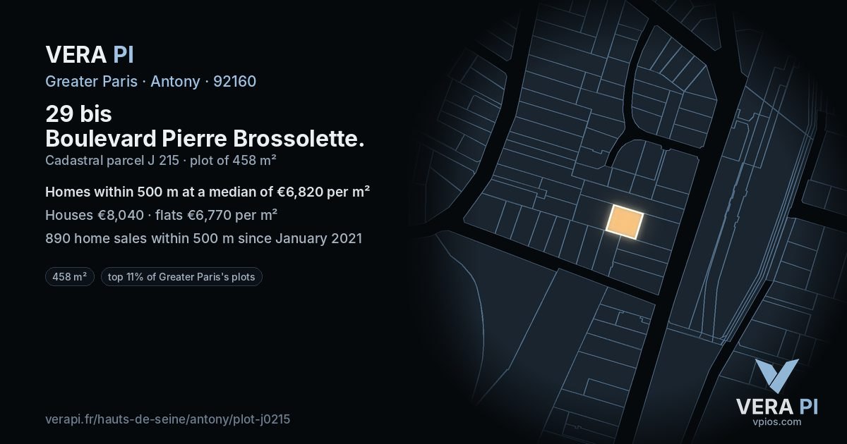 29 bis Boulevard Pierre Brossolette, Antony at night – the plot lit, the parcels around coloured by the prices near them