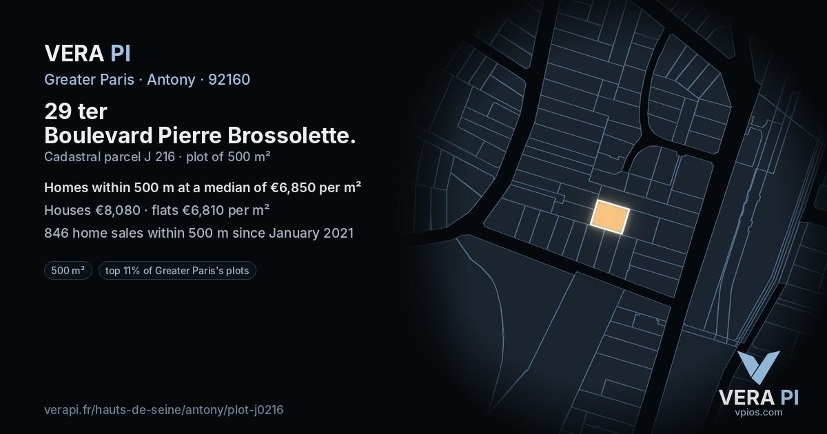 29 ter Boulevard Pierre Brossolette, Antony at night – the plot lit, the parcels around coloured by the prices near them
