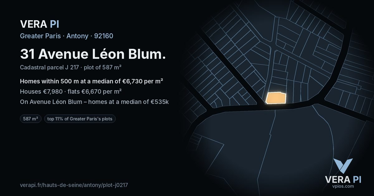 31 Avenue Léon Blum, Antony at night – the plot lit, the parcels around coloured by the prices near them