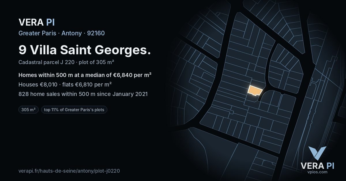 9 Villa Saint Georges, Antony at night – the plot lit, the parcels around coloured by the prices near them