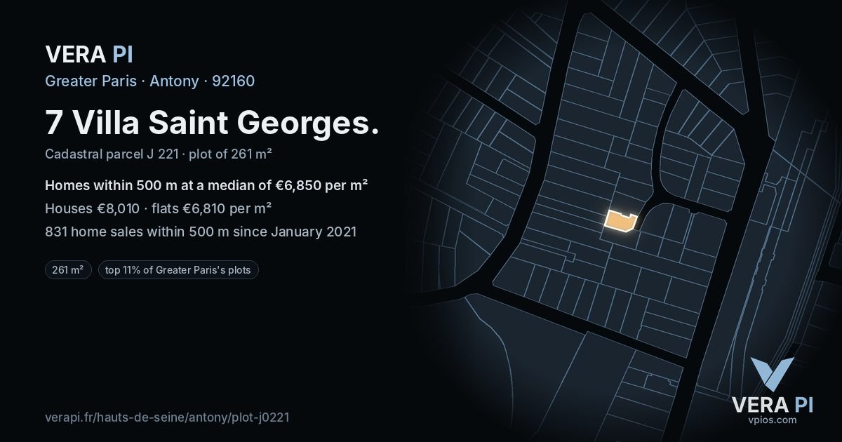 7 Villa Saint Georges, Antony at night – the plot lit, the parcels around coloured by the prices near them