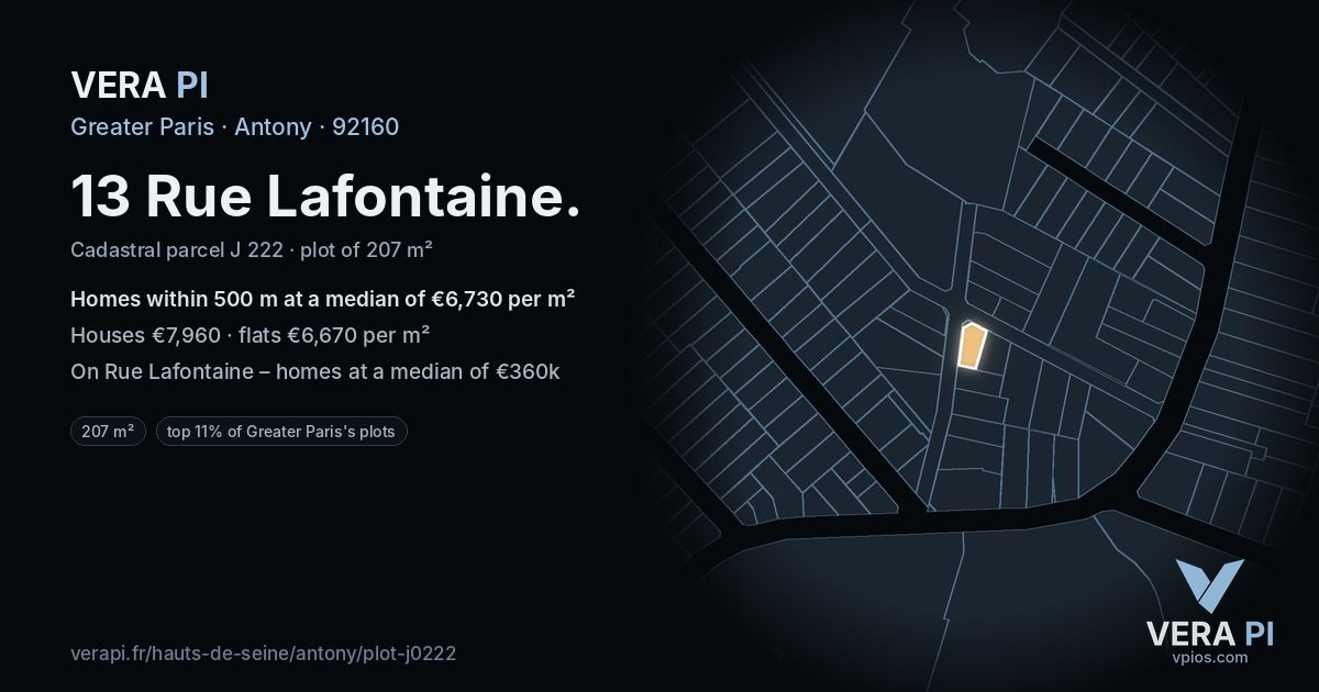 13 Rue Lafontaine, Antony at night – the plot lit, the parcels around coloured by the prices near them