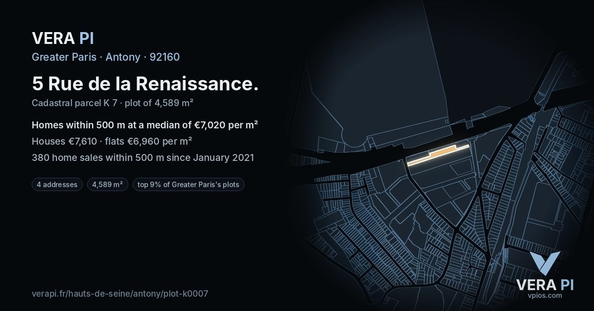 5 Rue de la Renaissance, Antony at night – the plot lit, the parcels around coloured by the prices near them