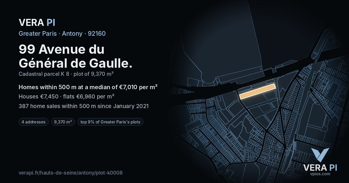 99 Avenue du Général de Gaulle, Antony at night – the plot lit, the parcels around coloured by the prices near them