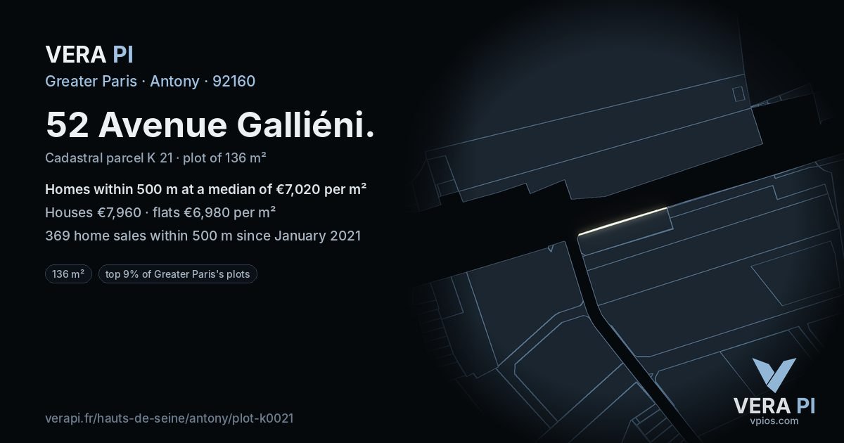 52 Avenue Galliéni, Antony at night – the plot lit, the parcels around coloured by the prices near them