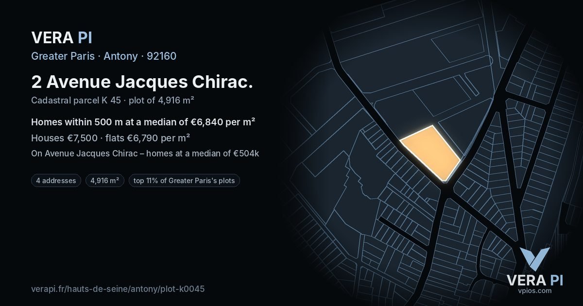 2 Avenue Jacques Chirac, Antony at night – the plot lit, the parcels around coloured by the prices near them
