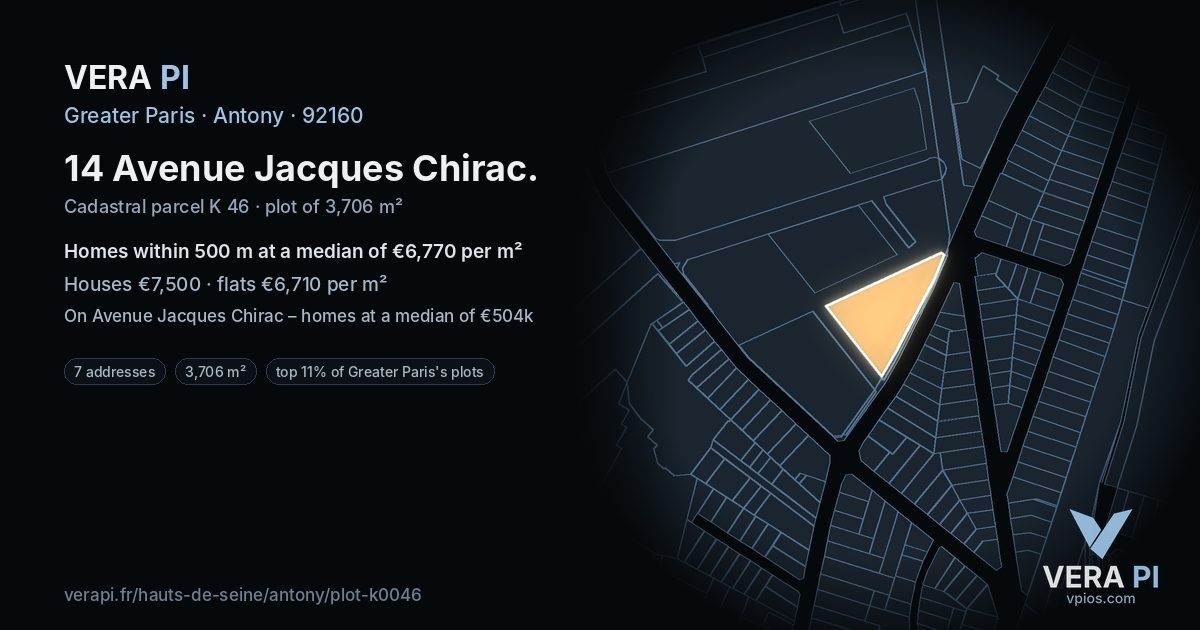 14 Avenue Jacques Chirac, Antony at night – the plot lit, the parcels around coloured by the prices near them