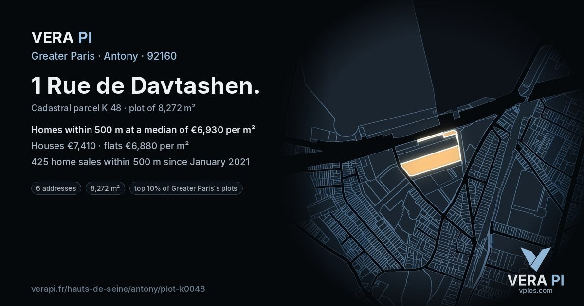 1 Rue de Davtashen, Antony at night – the plot lit, the parcels around coloured by the prices near them