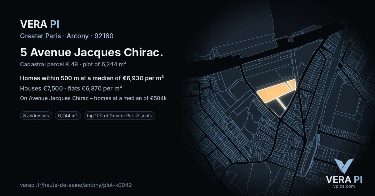 5 Avenue Jacques Chirac, Antony at night – the plot lit, the parcels around coloured by the prices near them