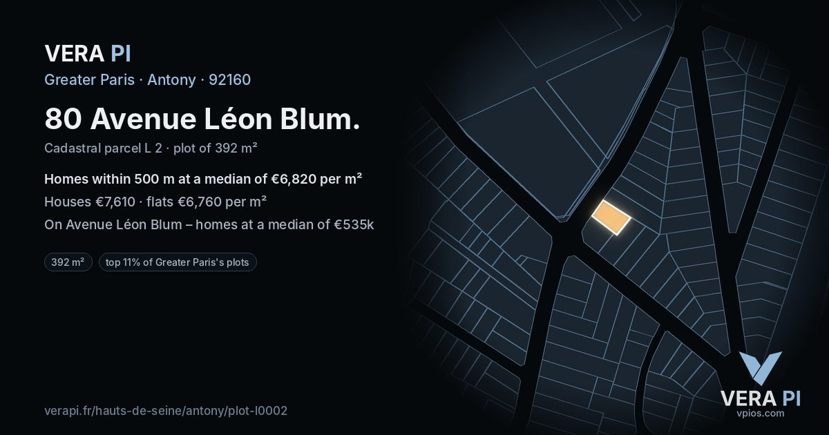 80 Avenue Léon Blum, Antony at night – the plot lit, the parcels around coloured by the prices near them