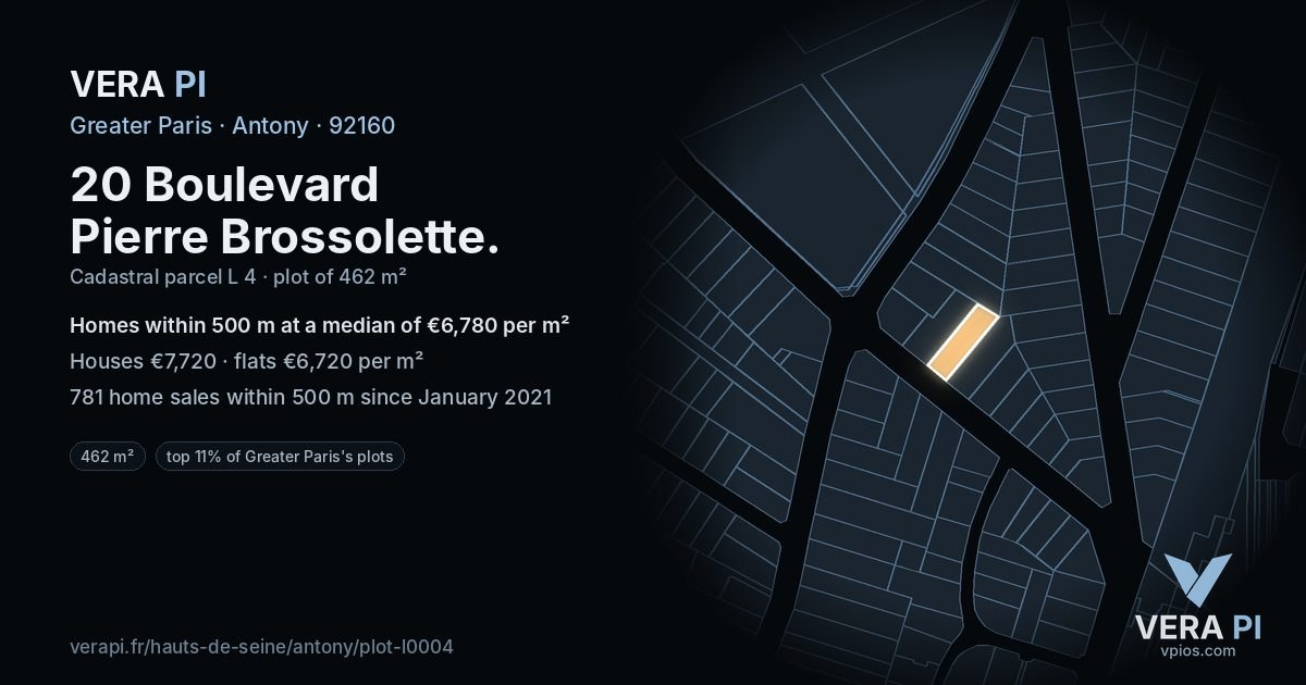 20 Boulevard Pierre Brossolette, Antony at night – the plot lit, the parcels around coloured by the prices near them