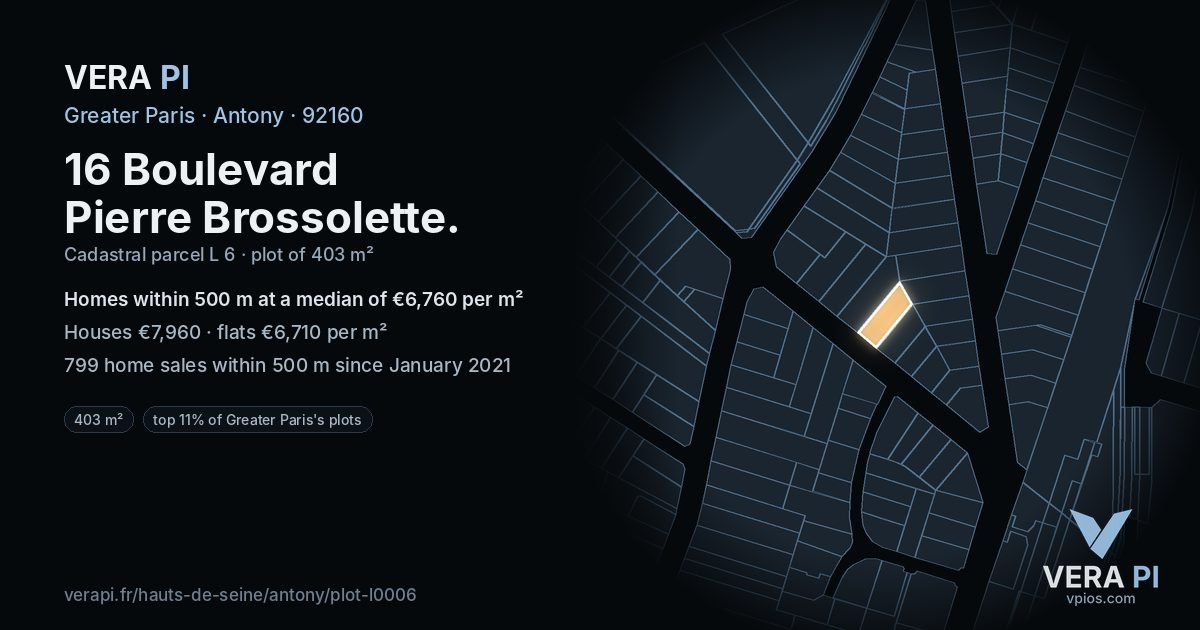 16 Boulevard Pierre Brossolette, Antony at night – the plot lit, the parcels around coloured by the prices near them
