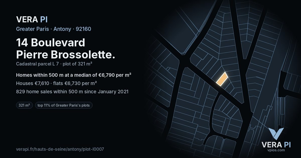 14 Boulevard Pierre Brossolette, Antony at night – the plot lit, the parcels around coloured by the prices near them