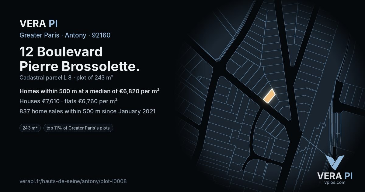 12 Boulevard Pierre Brossolette, Antony at night – the plot lit, the parcels around coloured by the prices near them