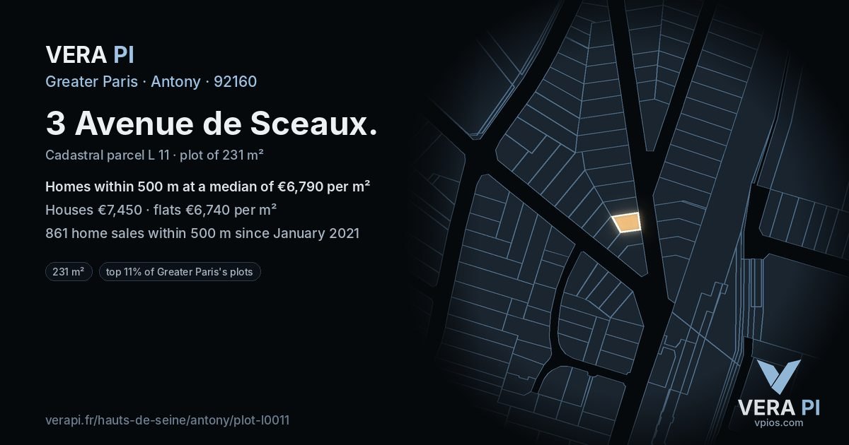 3 Avenue de Sceaux, Antony at night – the plot lit, the parcels around coloured by the prices near them