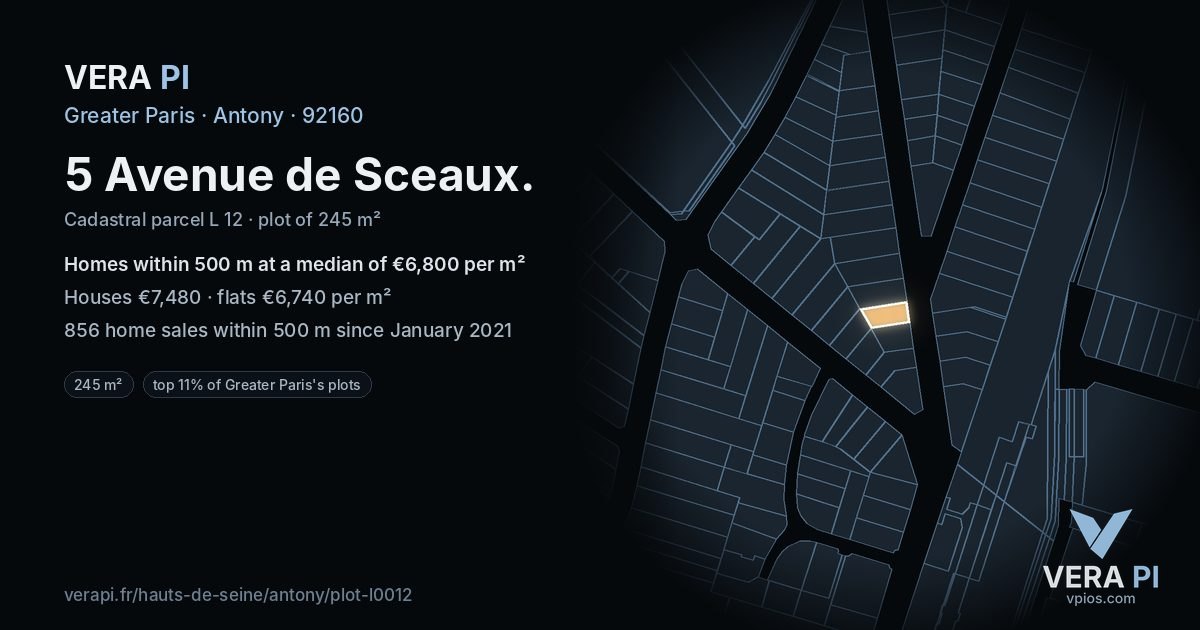 5 Avenue de Sceaux, Antony at night – the plot lit, the parcels around coloured by the prices near them