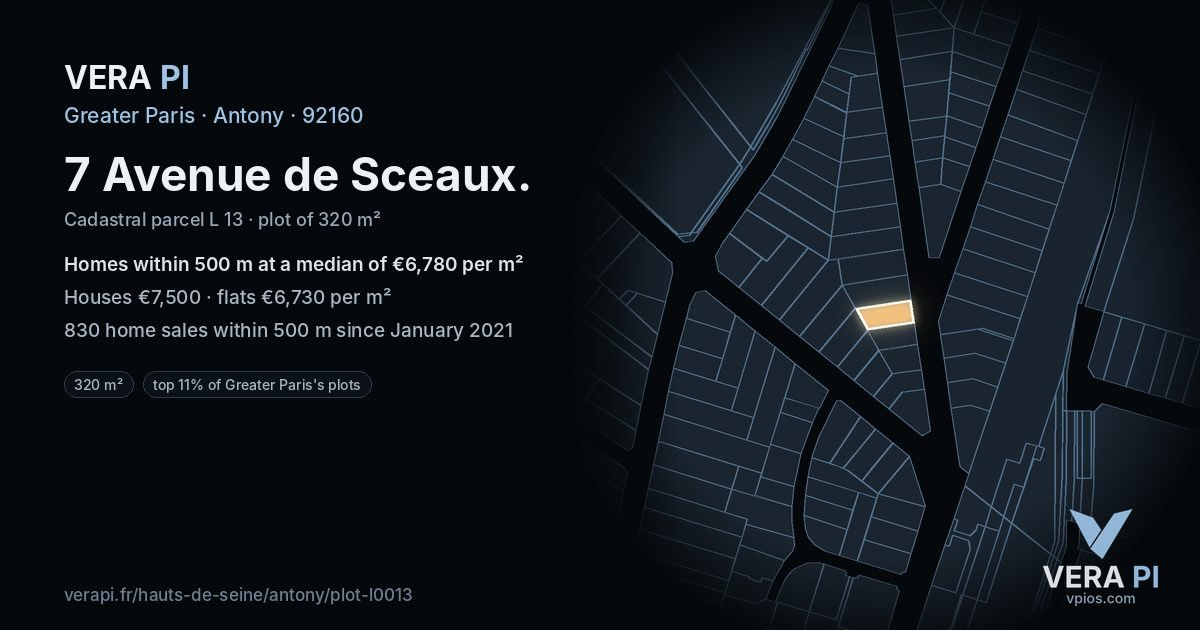 7 Avenue de Sceaux, Antony at night – the plot lit, the parcels around coloured by the prices near them