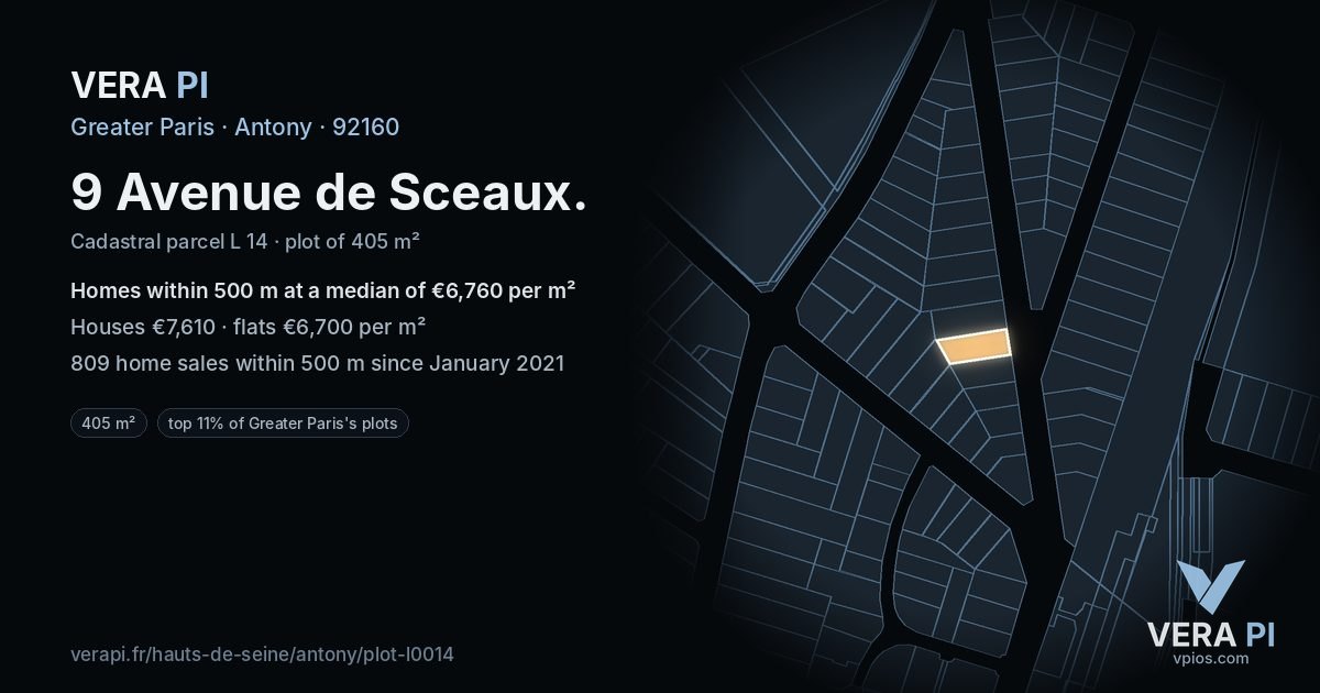 9 Avenue de Sceaux, Antony at night – the plot lit, the parcels around coloured by the prices near them