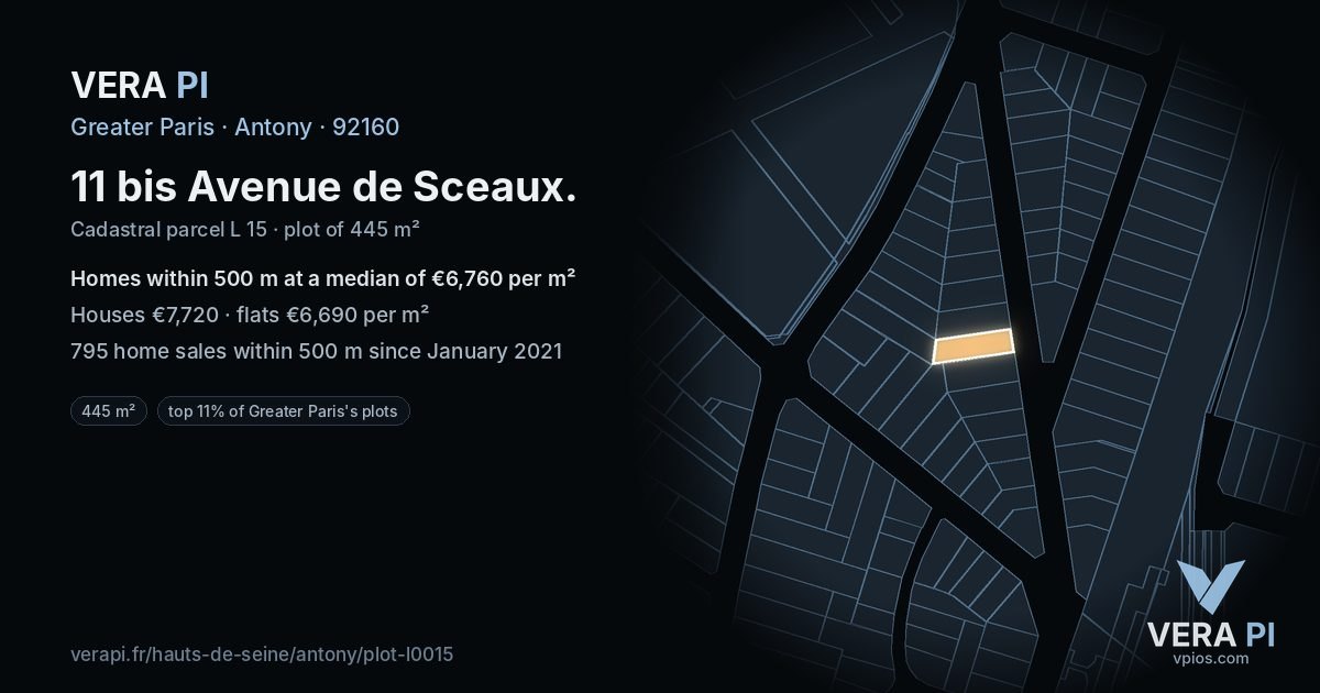 11 bis Avenue de Sceaux, Antony at night – the plot lit, the parcels around coloured by the prices near them