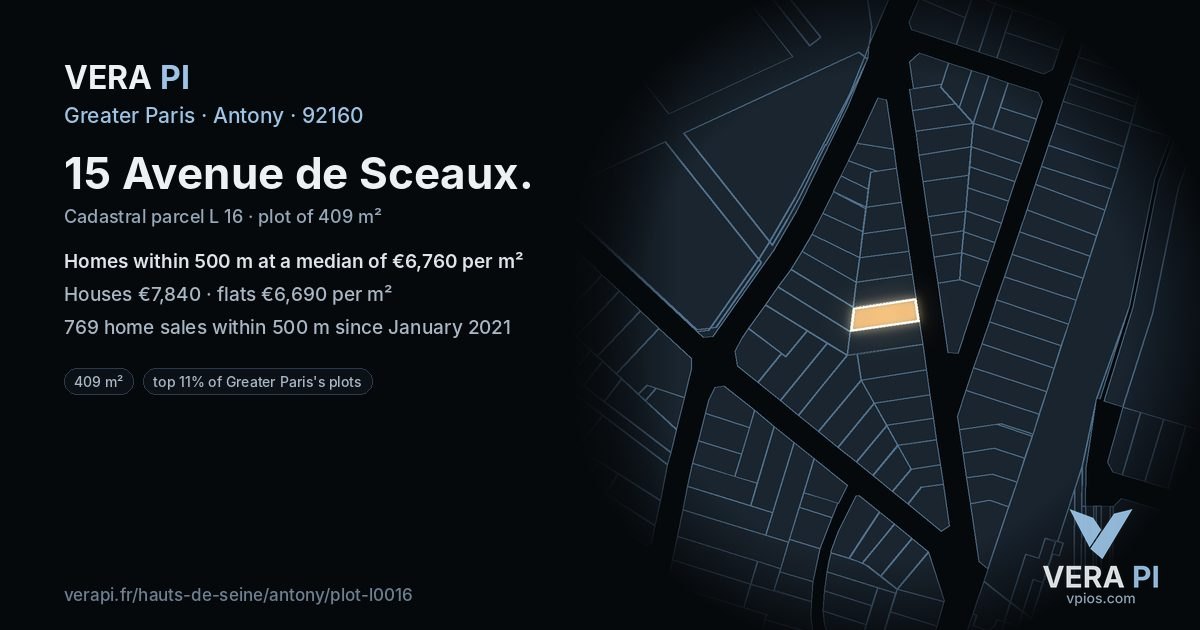15 Avenue de Sceaux, Antony at night – the plot lit, the parcels around coloured by the prices near them