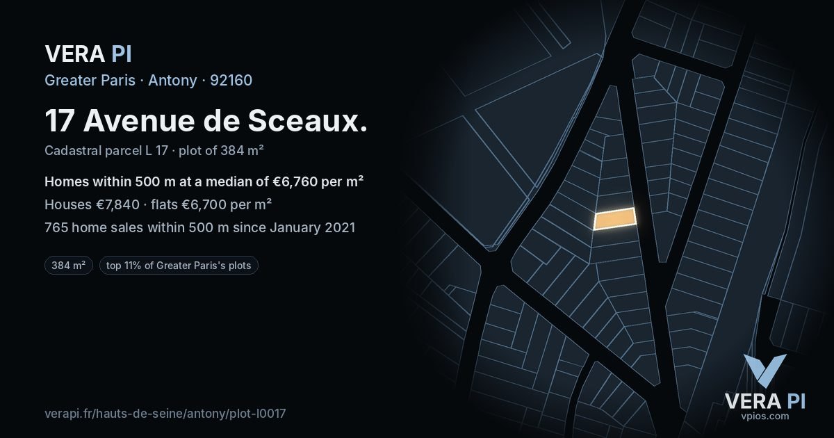 17 Avenue de Sceaux, Antony at night – the plot lit, the parcels around coloured by the prices near them