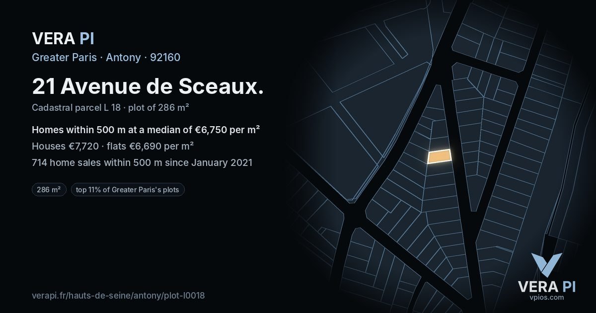 21 Avenue de Sceaux, Antony at night – the plot lit, the parcels around coloured by the prices near them