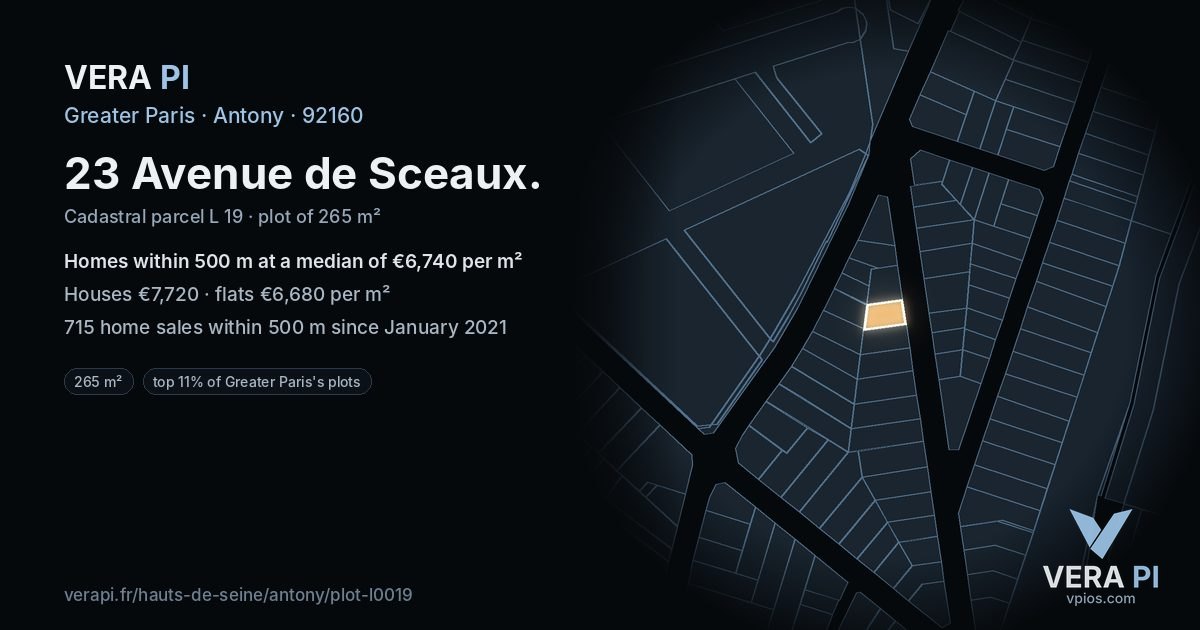 23 Avenue de Sceaux, Antony at night – the plot lit, the parcels around coloured by the prices near them