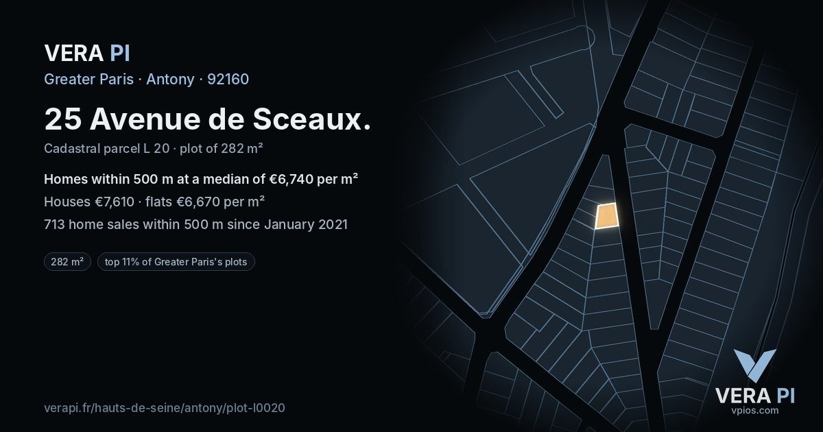 25 Avenue de Sceaux, Antony at night – the plot lit, the parcels around coloured by the prices near them