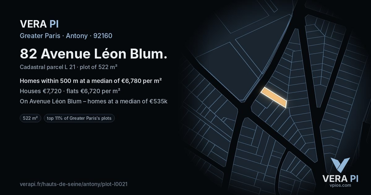 82 Avenue Léon Blum, Antony at night – the plot lit, the parcels around coloured by the prices near them