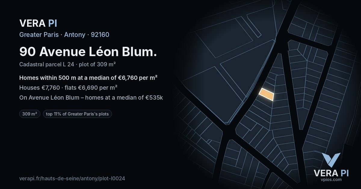 90 Avenue Léon Blum, Antony at night – the plot lit, the parcels around coloured by the prices near them