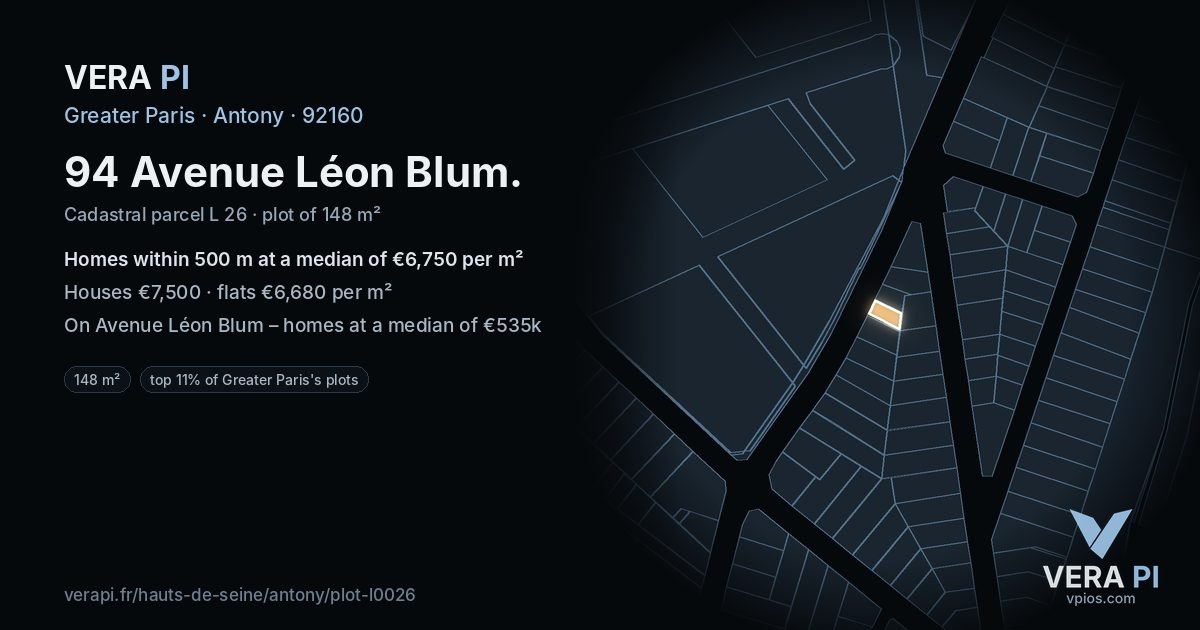 94 Avenue Léon Blum, Antony at night – the plot lit, the parcels around coloured by the prices near them